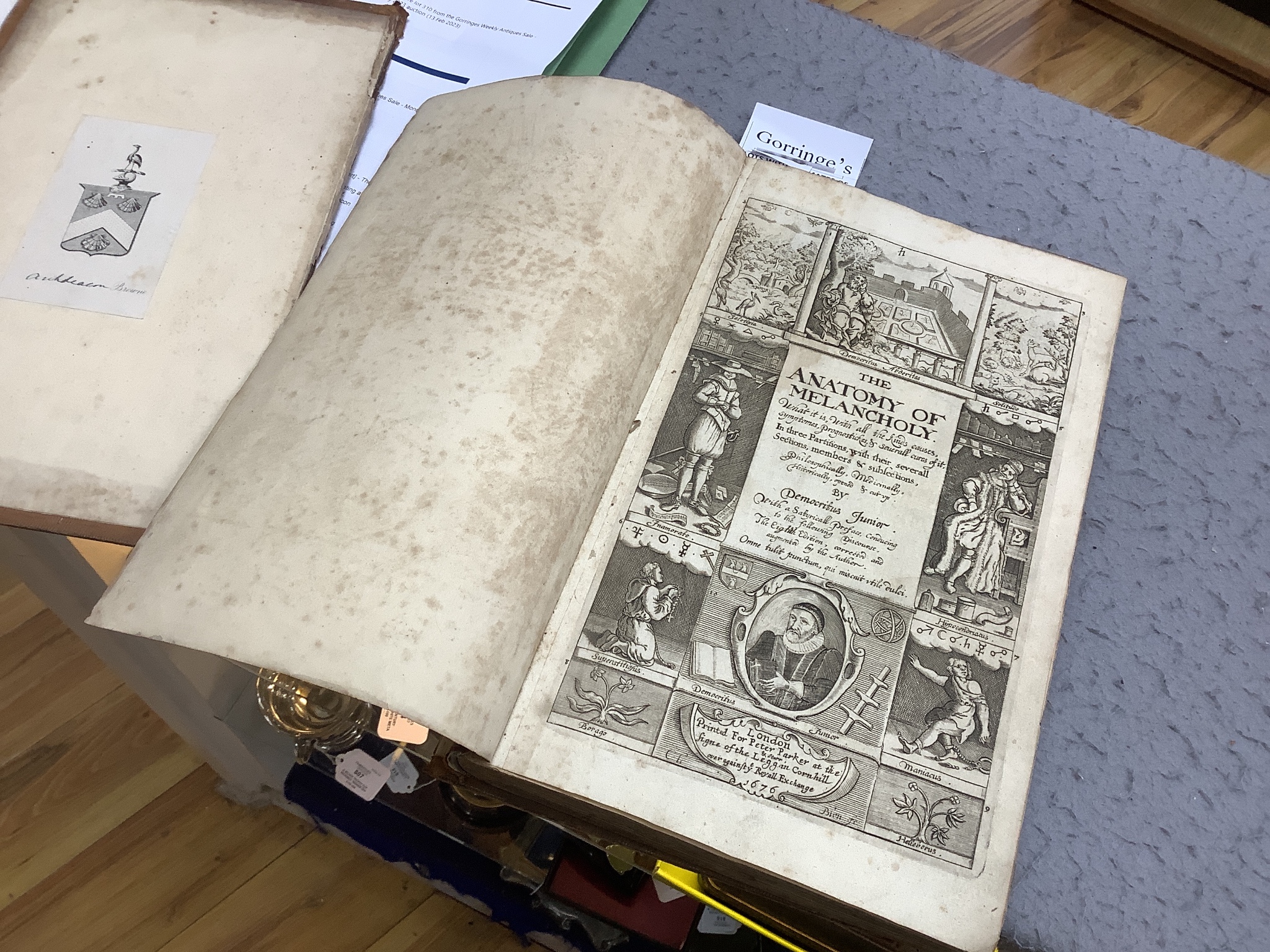 Democritus Junior [Burton, Robert] - The Anatomy of Melancholy, 8th edition, engraved pictorial title page incorporating a portrait of the author, folio, original calf, covers detached, bookplate of Archdeacon Browne, Pe
